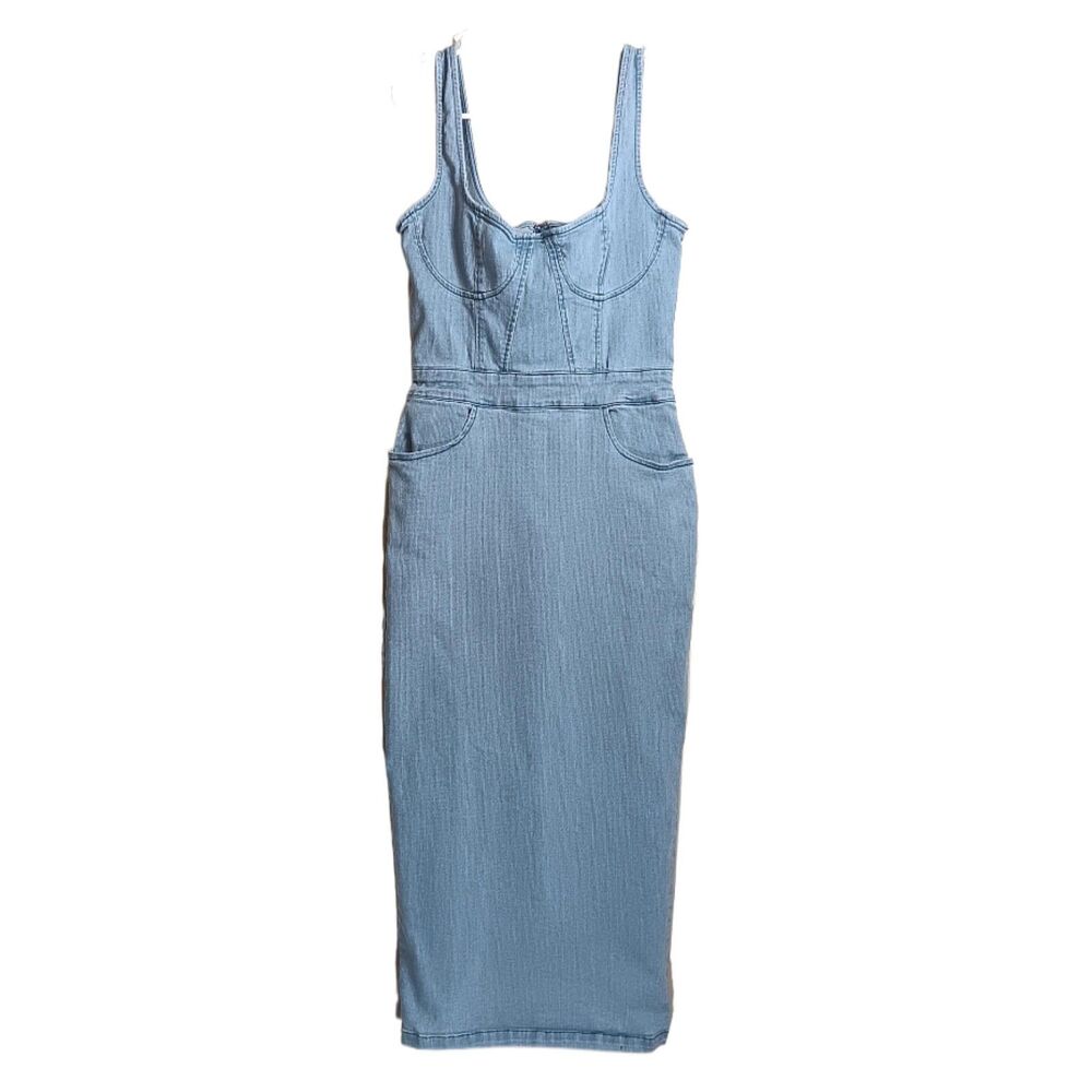SHEIN Bodice Denim Dress Womens S Sleeveless Corset Maxi Retro 90s Y2K Pockets